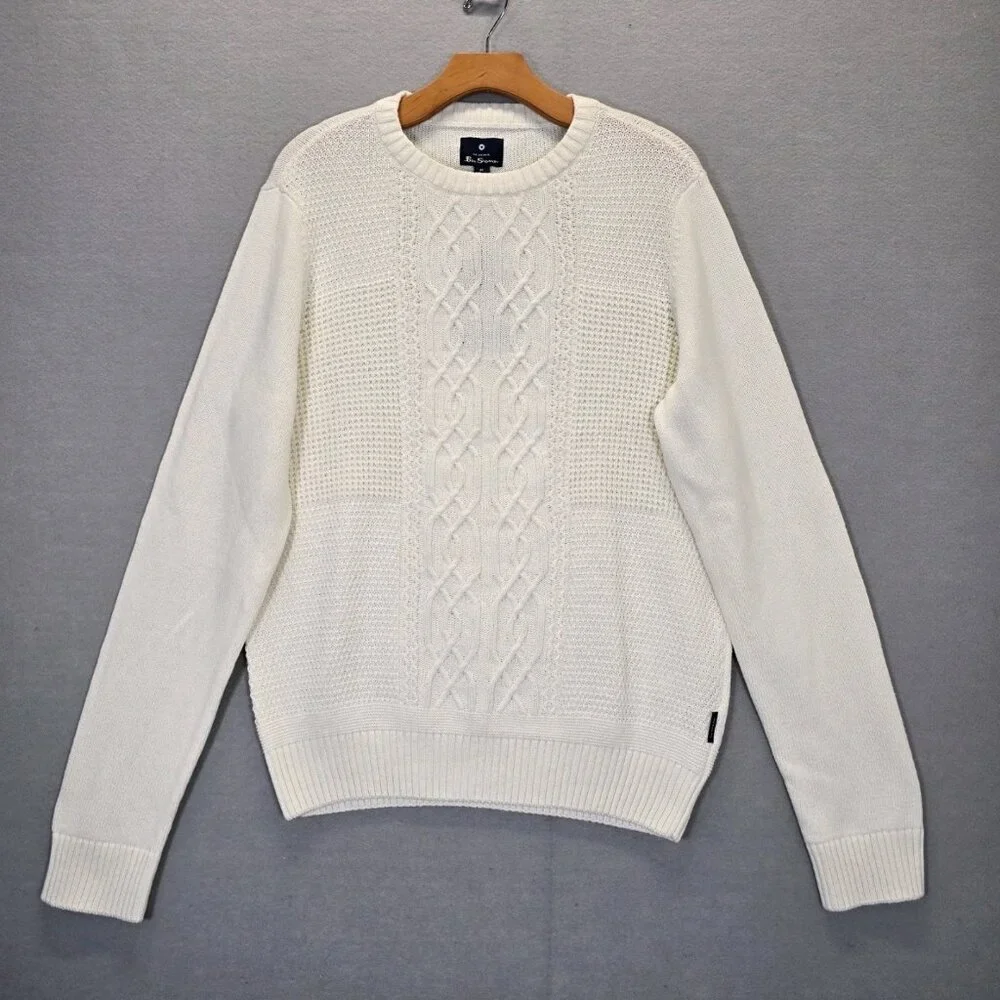 Ben Sherman Cable Knit Ivory Crew Neck Men's Sweater Size Medium